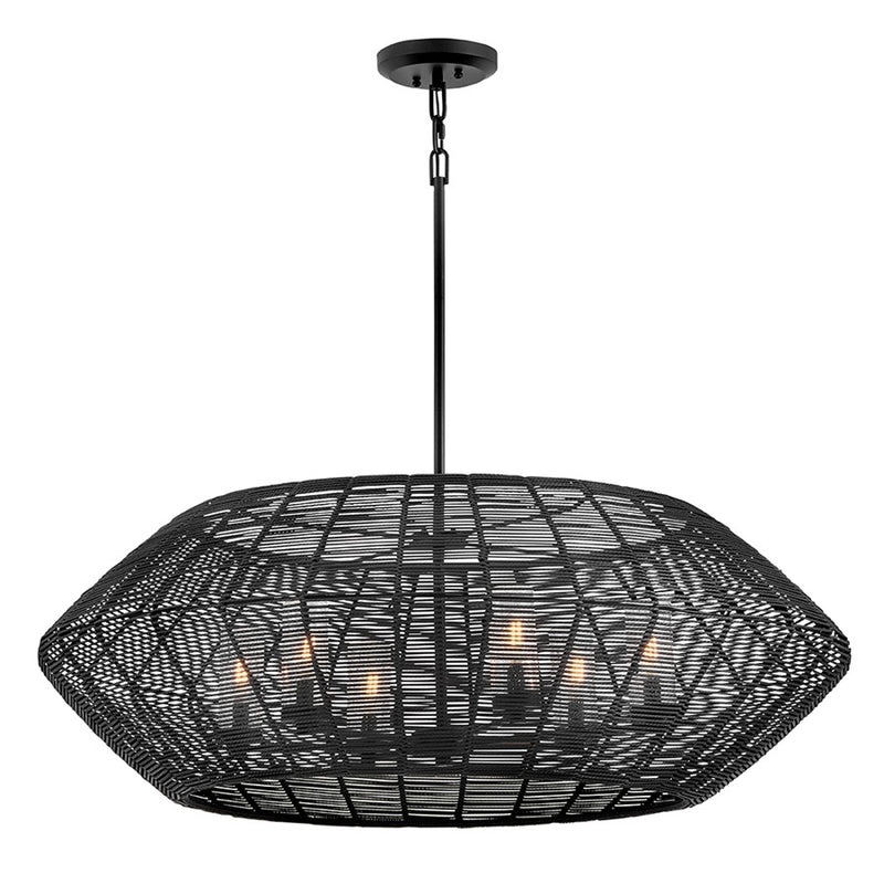 Hinkley Luca 42in 6-Light Outdoor Chandelier | Coastal Black Metal and All Weather Rattan Clear Seedy Glass | Covered Patio & Porch | 42 x | Model 10386BK