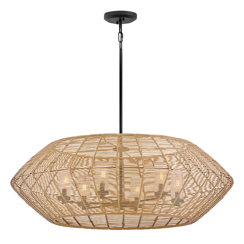 Hinkley Luca 42in 6-Light Outdoor Chandelier | Coastal Black Metal and All Weather Rattan Clear Seedy Glass | Covered Patio & Porch | Model 10386BK-CML