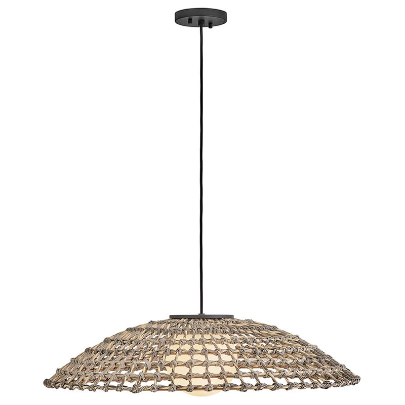 Hinkley Arlen 30in 1-Light Outdoor Pendant | Coastal Black Metal and All-Weather Rattan Etched Opal Glass | Covered Patio & Al Fresco | Model 10395BK-LV