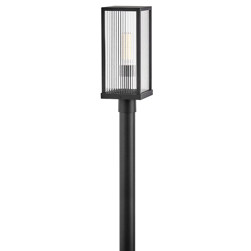 Hinkley Torrent 7in 1-Light Post Light | Modern Black Aluminum and Clear Ribbed Glass | Outdoor Patio & Entryway | 7 x 7 x 19 in | Model 10601BK