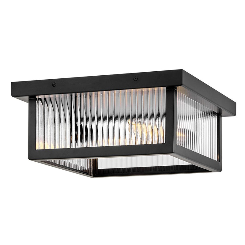 Hinkley Torrent 14in 2-Light Outdoor Flush Mount | Modern Black Aluminum and Clear Ribbed Glass | Covered Patio & Entryway | 14 x 14 x 6 in | Model 10603BK
