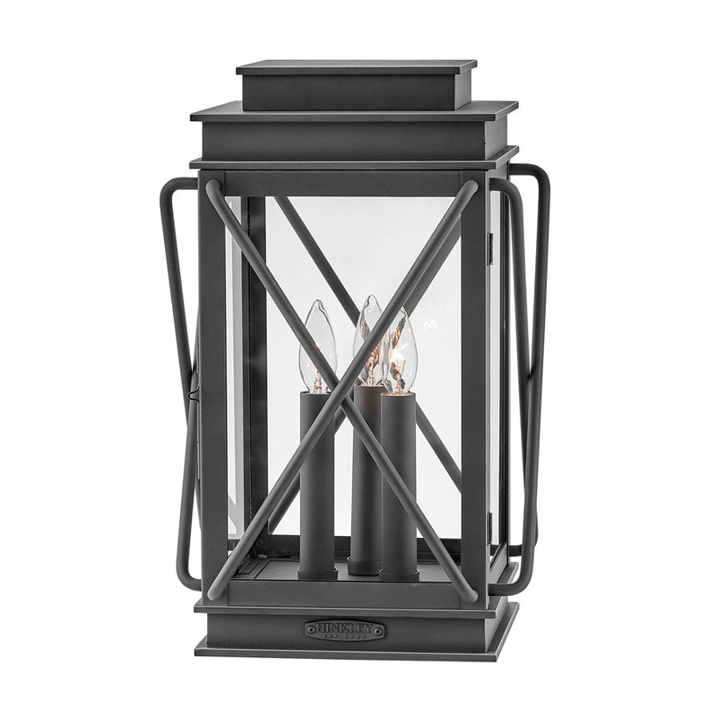 Hinkley Montecito 18in 3-Light Outdoor Pier Mount | Transitional Museum Black Aluminum and Clear Glass | Covered Patio & Entryway | 12 x | Model 11197MB