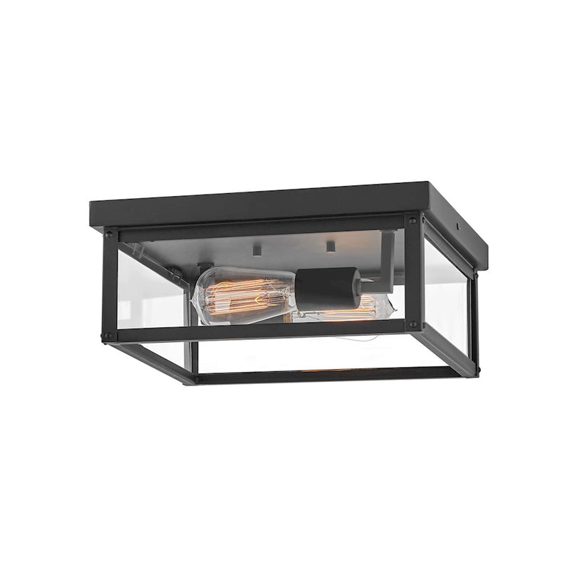 Hinkley Beckham 12in 2-Light Outdoor Flush Mount | Transitional Black Aluminum and Clear Glass | Covered Patio & Entryway | 12 x 12 x 5 in | Model 12193BK