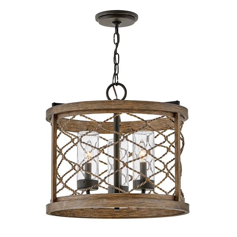 Hinkley Finn 18in 3-Light Outdoor Hanging Lantern | Coastal Oil Rubbed Bronze Aluminum and Sequoia Wood Accent | Covered Patio & Entryway | Model 12393OZ