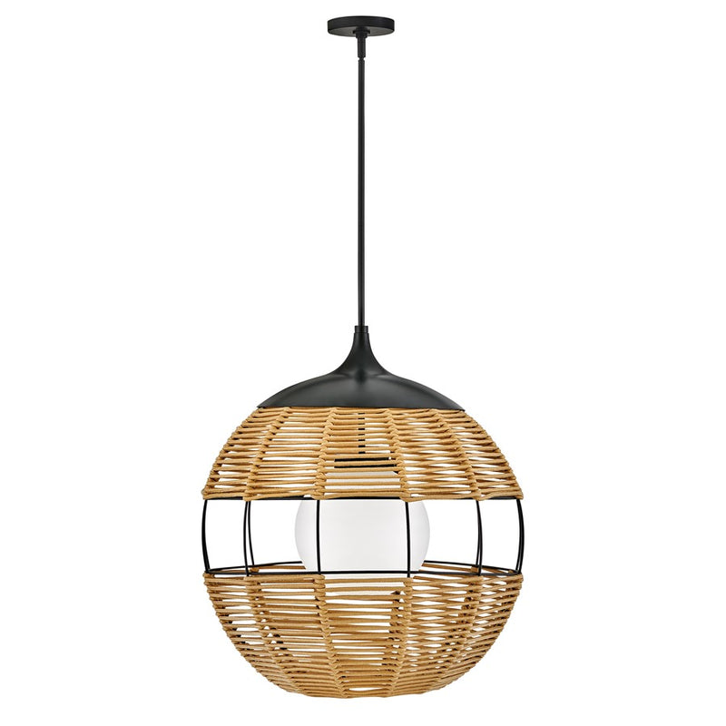 Hinkley Maddox 24in 1-Light Outdoor Chandelier | Modern Bohemian Black Aluminum and Natural Nylon Rope with Etched Opal Glass | Model 19675BK-NAT