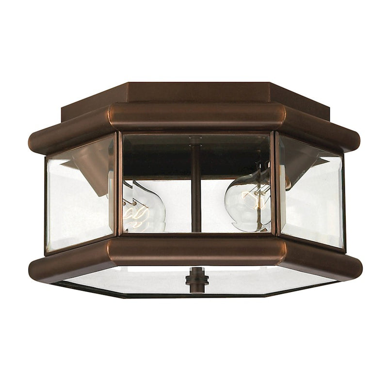 Hinkley Clifton Park 12in 2-Light Outdoor Flush Mount | Traditional Copper Bronze and Clear Beveled Glass | Covered Patio & Entryway | Model 2429CB