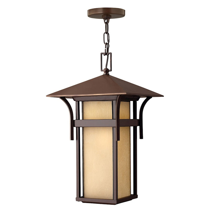 Hinkley Harbor 11in 1-Light Outdoor Hanging Lantern | Transitional Anchor Bronze Aluminum and Etched Amber Seedy Glass | Covered Patio & | Model 2572AR-LV