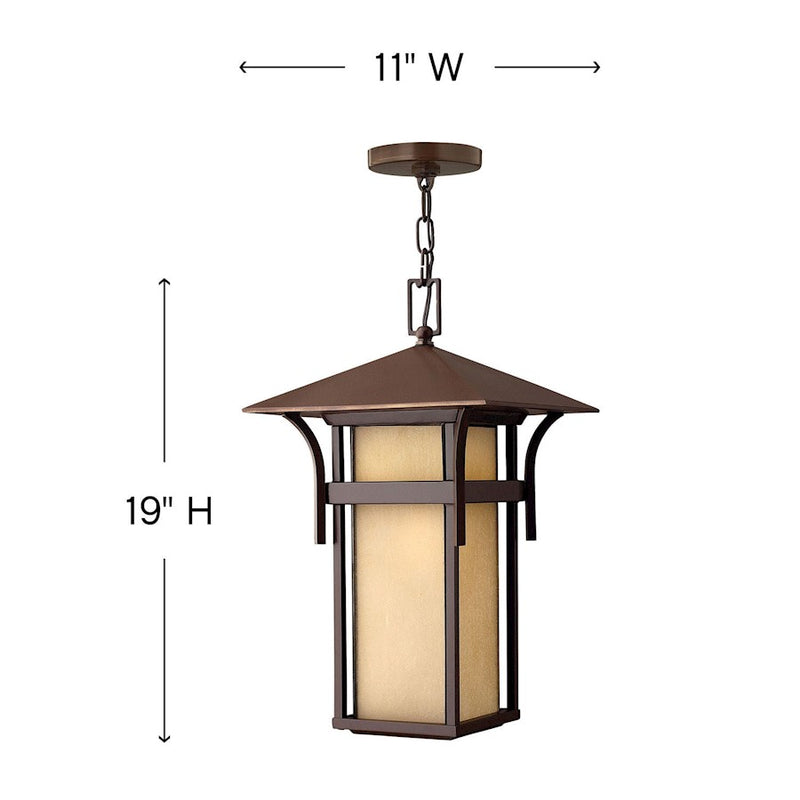 Hinkley Harbor 11in 1-Light Outdoor Hanging Lantern | Transitional Anchor Bronze Aluminum and Etched Amber Seedy Glass | Covered Patio & | Model 2572AR-LV