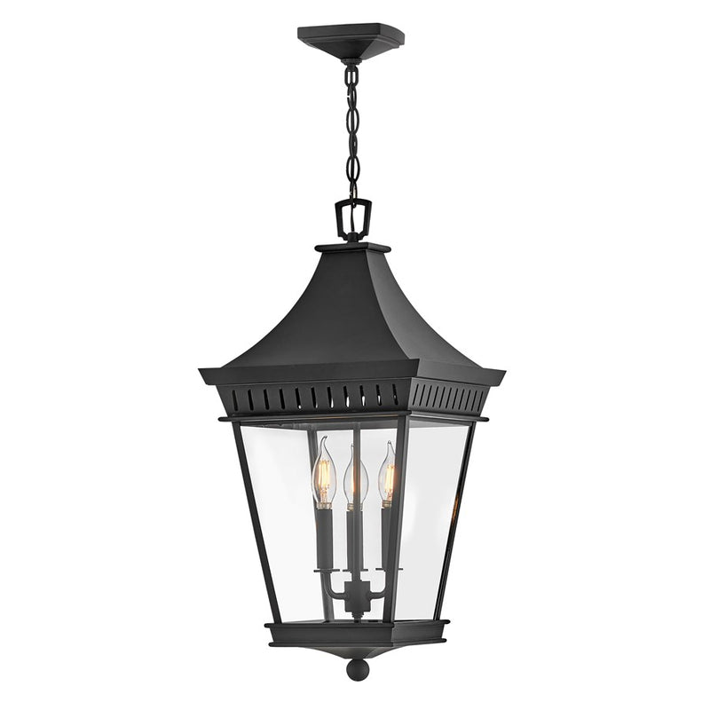 Hinkley Chapel Hill 12in 3-Light Outdoor Hanging Lantern | Traditional Museum Black Aluminum and Clear Glass | Covered Patios & Entryways | Model 27092MB