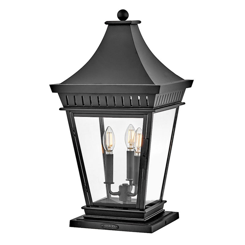 Hinkley Chapel Hill 13in 3-Light Outdoor Pier Mount Lantern | Traditional Museum Black Aluminum and Clear Glass | Entryway & Covered Patio | Model 27097MB