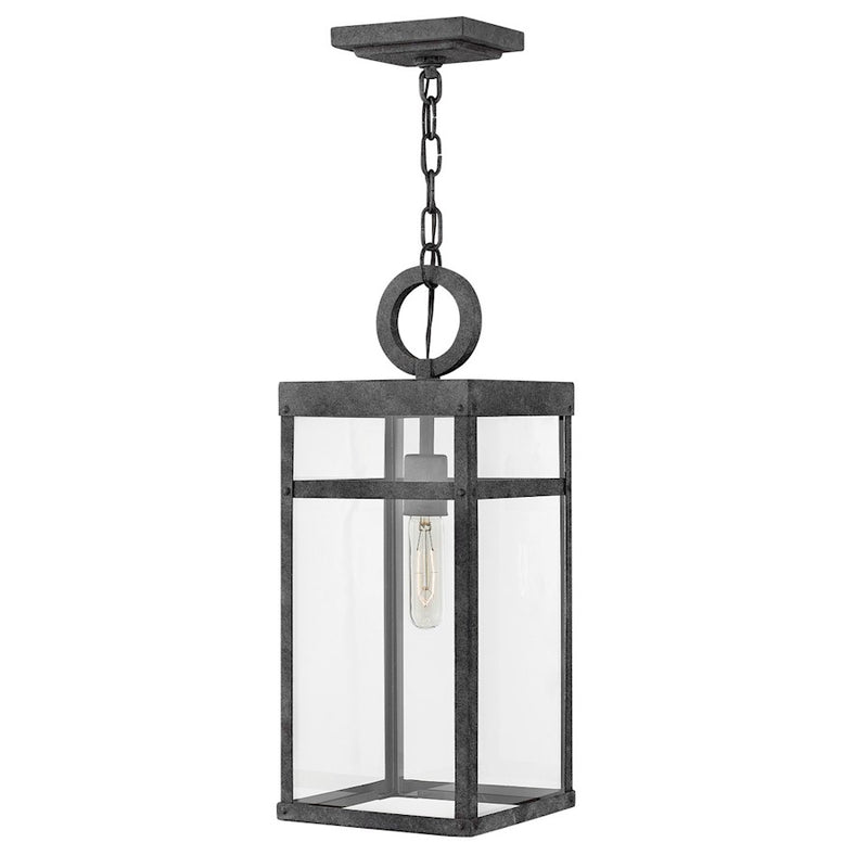 Hinkley Porter 8in 1-Light Outdoor Hanging Lantern | Industrial Aged Zinc Aluminum and Clear Glass | Covered Patios & Entryways | 8 x 8 | Model 2802DZ-LL