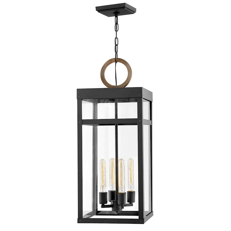Hinkley Porter 12in 4-Light Outdoor Pendant | Transitional Black Aluminum and Clear Glass | Covered Patio & Entryway | 12 x 12 x 31 in | Model 2808BK-LL