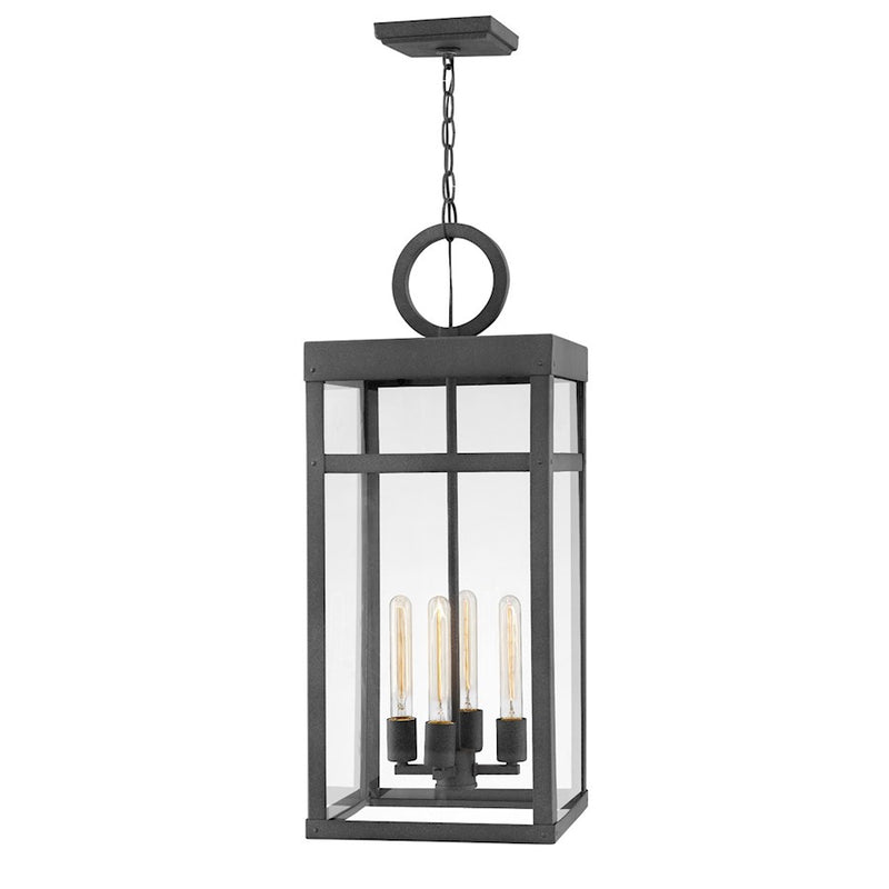 Hinkley Porter 12in 4-Light Pendant | Transitional Aged Zinc Aluminum and Clear Glass | Covered Patio & Entryway | 12 x 12 x 31 in | Model 2808DZ-LL