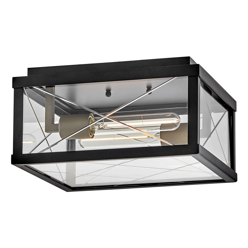 Hinkley Monte 12in 2-Light Outdoor Flush Mount | Transitional Black Aluminum and Clear Etched Glass | Covered Patio & Entryway | 12 x 12 x | Model 28881BK