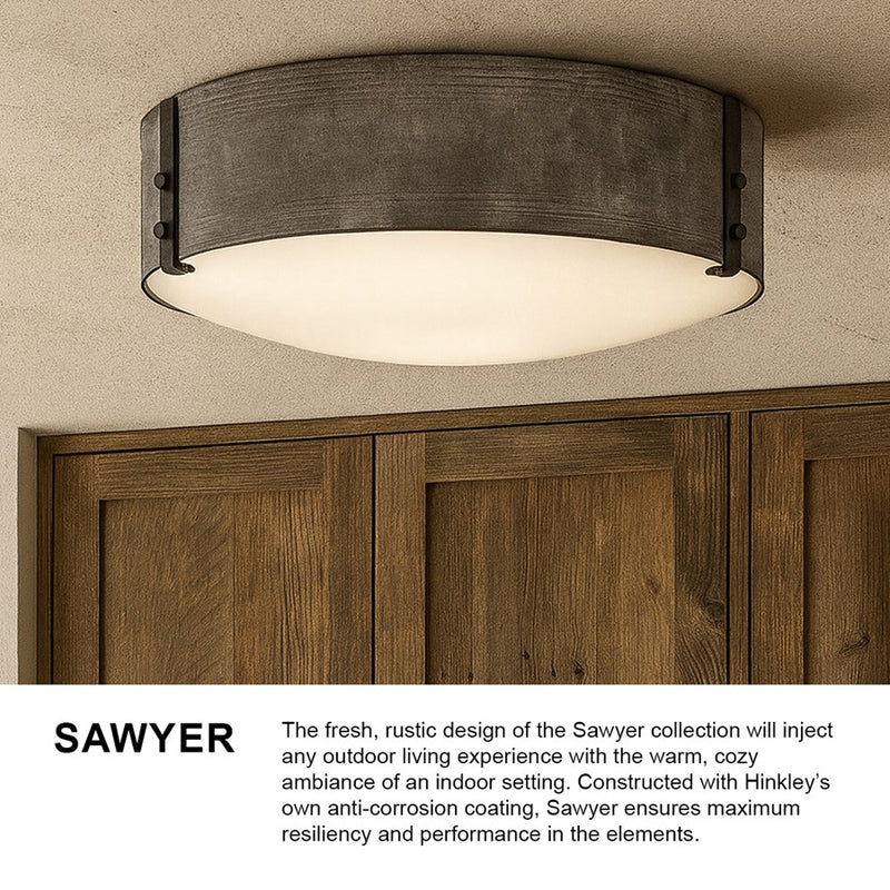 Hinkley Sawyer 15in 3-Light Outdoor Ceiling Light | Rustic Sequoia and Iron Rust Metal with Etched Glass | Covered Patio & Porch | 15 x | Model 29203SQ-LL