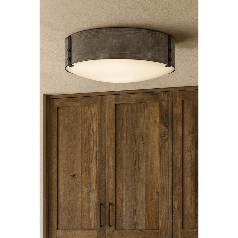 Hinkley Sawyer 15in 3-Light Outdoor Ceiling Light | Rustic Sequoia and Iron Rust Metal with Etched Glass | Covered Patio & Porch | 15 x | Model 29203SQ-LL