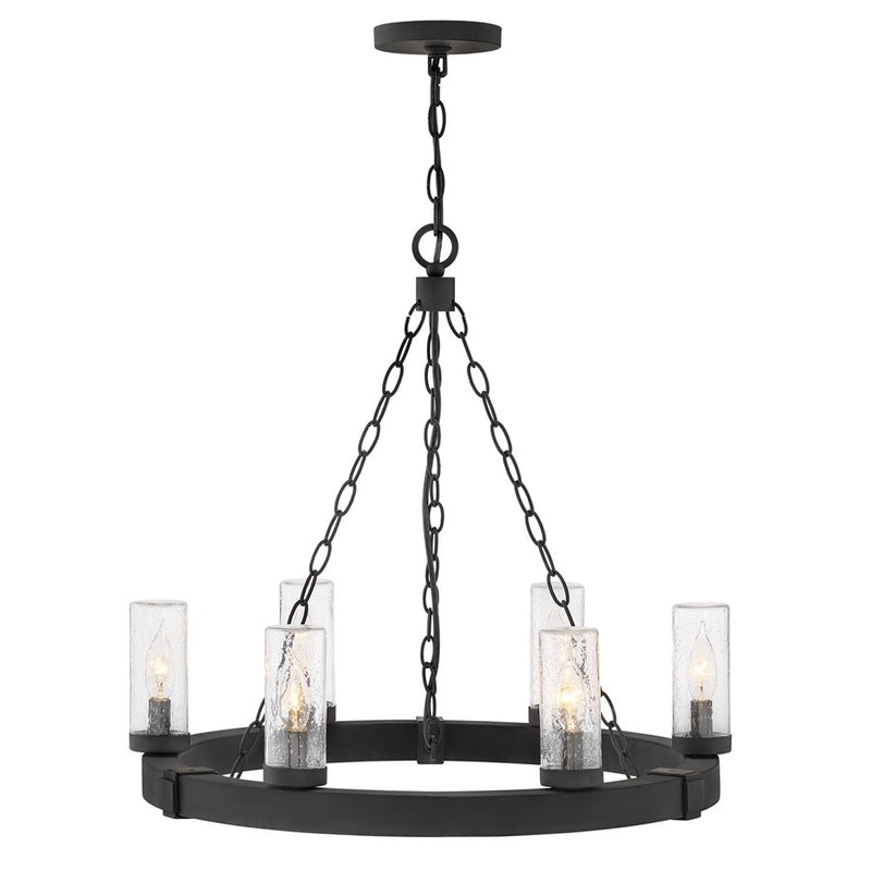 Hinkley Sawyer 24in 6-Light Outdoor Chandelier | Rustic Black Metal and Clear Seedy Glass | Covered Patio & Porch | 24 x 24 x 23 in | Model 29206BK