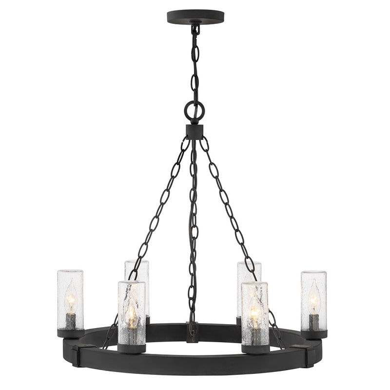 Hinkley Sawyer 24in 6-Light Outdoor Chandelier | Rustic Black Metal and Clear Seedy Glass | Covered Patio & Outdoor Living | 24 x 24 x | Model 29206BK-LV