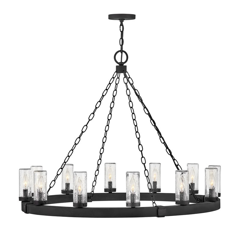 Hinkley Sawyer 38in 12-Light Outdoor Chandelier | Rustic Black Metal and Clear Seedy Glass | Covered Patio & Porch | 38 x 38 x 28 in | Model 29207BK