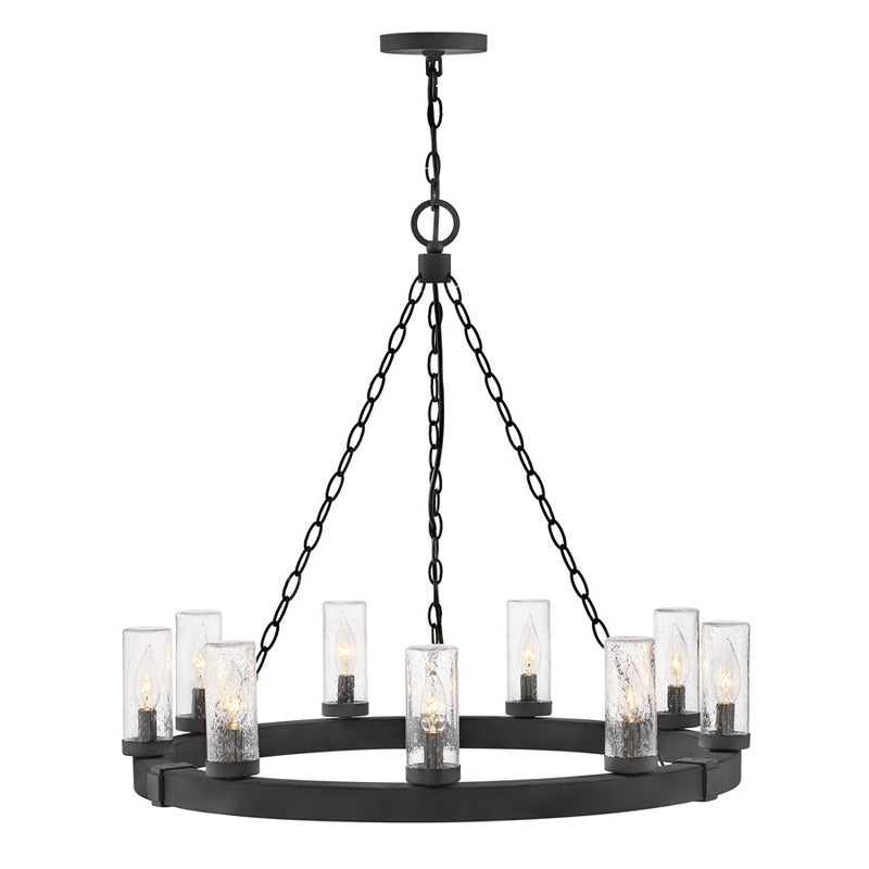 Hinkley Lighting Sawyer 9Lt Outdoor Chandelier/5W, Black/Clear Seedy - 29208BK