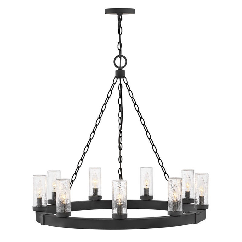Hinkley Sawyer 30in 9-Light Outdoor Chandelier | Rustic Black Metal and Clear Seedy Glass | Covered Patio & Pergola | 30 x 30 x 27 in | Model 29208BK-LV