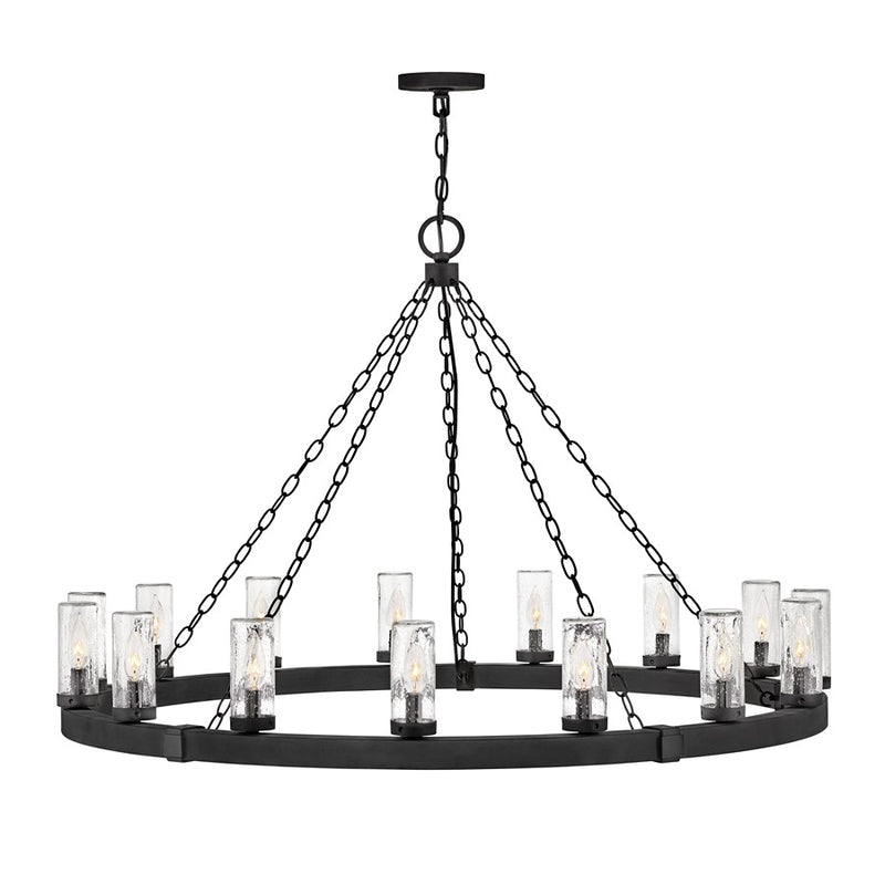 Hinkley Sawyer 46in 15-Light Outdoor Chandelier | Rustic Black Metal and Clear Seedy Glass | Covered Patio & Porch | 46 x 46 x 28 in | Model 29209BK