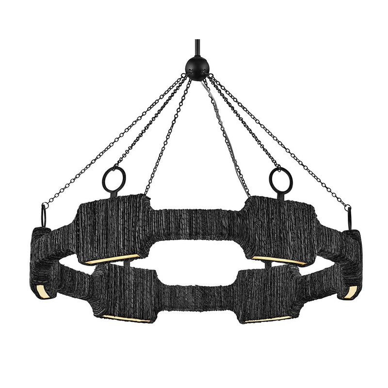 Hinkley Raffi 36in Ring Chandelier | Modern Bohemian Carbon Black Steel and Natural Reed | Living Room & Dining Room | 30 x 30 x 36 in | Model 34106CBK