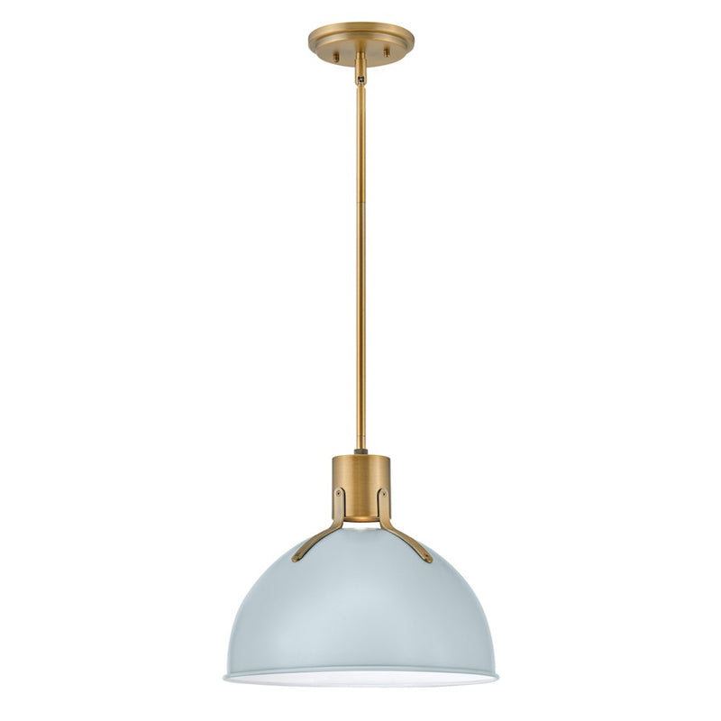 Hinkley Argo 14in 1-Light Small Pendant | Industrial Pale Blue Steel and Lacquered Brass | Kitchen Island & Dining Room | 14 x 14 x 12 in | Model 3487PBL
