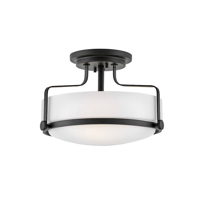 Hinkley Harper 14in 1-Light Semi-Flush Mount | Transitional Black Steel and Etched Opal Glass | Bedroom & Hallway Ceiling Light | 14 x | Model 3641BK-LED