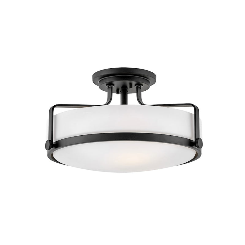 Hinkley Harper 14in 1-Light Semi-Flush Mount | Transitional Black Steel and Etched Opal Glass | Bedroom & Hallway Ceiling Light | 14 x | Model 3641BK-LED