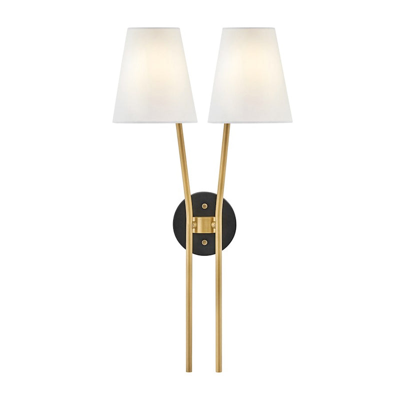 Hinkley Aston 2-Light Wall Sconce | Traditional Heritage Brass Steel and Black with Off-White Fabric Shade | Bedroom & Hallway Accent | Model 37382HB