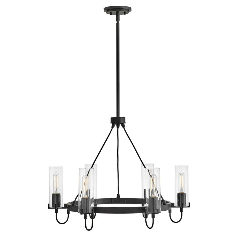 Hinkley Ryden 28in 6-Light Chandelier | Industrial Black Steel and Clear Glass | Dining Room & Living Room | 28 x 28 x 22 in | Model 37855BK