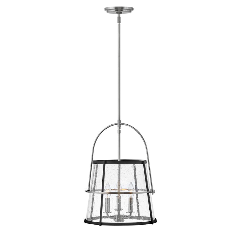 Hinkley Tournon 15in 3-Light Pendant | Transitional Mid-Century Brushed Nickel Steel and Black Clear Seedy Glass | Kitchen Island & Dining | Model 38113BN