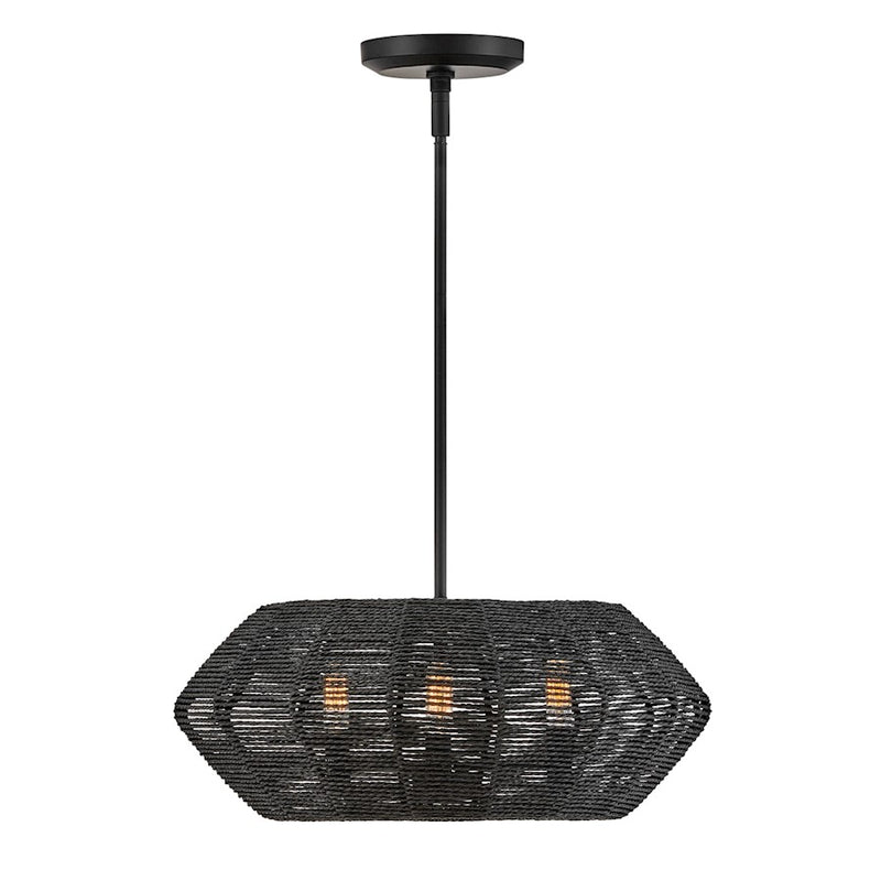 Hinkley Luca 22in 3-Light Chandelier | Coastal Black Steel and Black Rattan Shade | Dining Room & Living Room | 21.5 x 21.5 x 8.75 in | Model 40383BLK
