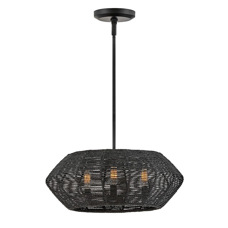 Hinkley Luca 22in 3-Light Chandelier | Coastal Black Steel and Black Rattan Shade | Dining Room & Living Room | 21.5 x 21.5 x 8.75 in | Model 40383BLK