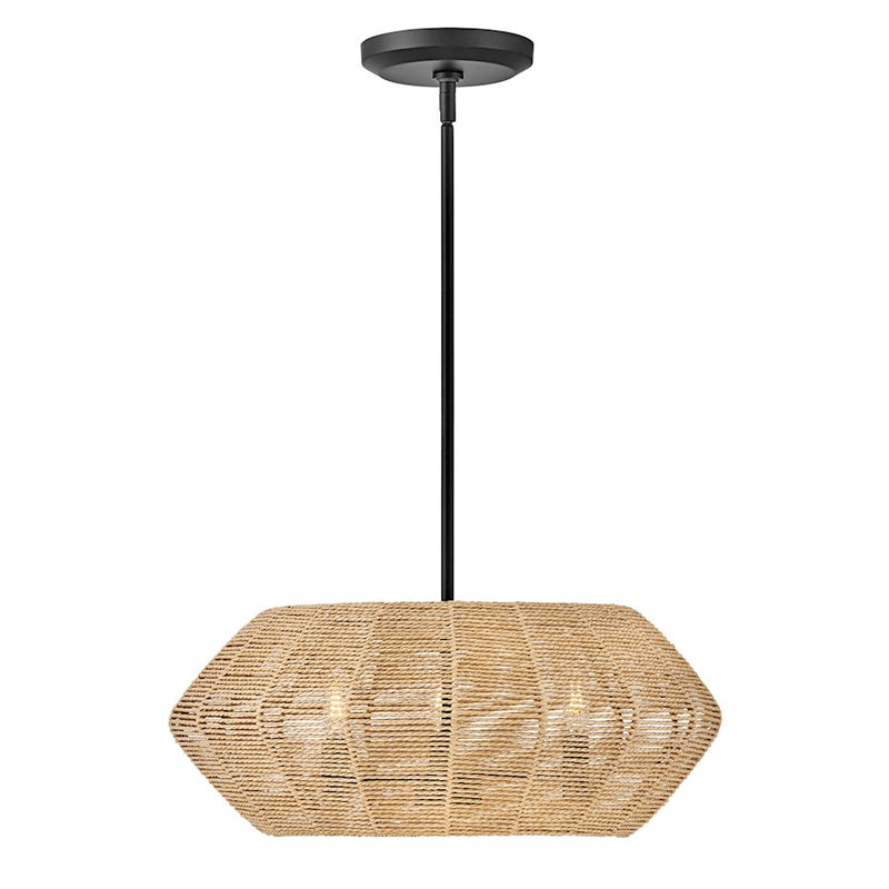 Hinkley Luca 21in 3-Light Drum Chandelier | Transitional Coastal Black Steel and Camel Rattan Shade | Living Room & Dining Room | 21 | Model 40383BLK-CML
