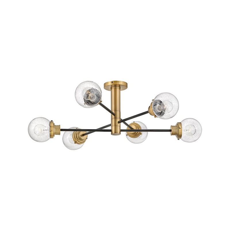Hinkley Poppy 36in 6-Light Semi-Flush Mount | Mid-Century Modern Black Steel and Heritage Brass with Clear Seedy Glass | Living Room & | Model 40696BK