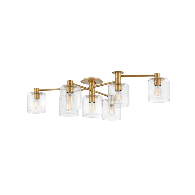 Hinkley Axel 59in 7-Light Semi-Flush Mount | Transitional Heritage Brass Steel and Clear Glass | Living Room & Dining Room | 28 x 59 x 12 in | Model 4513HB