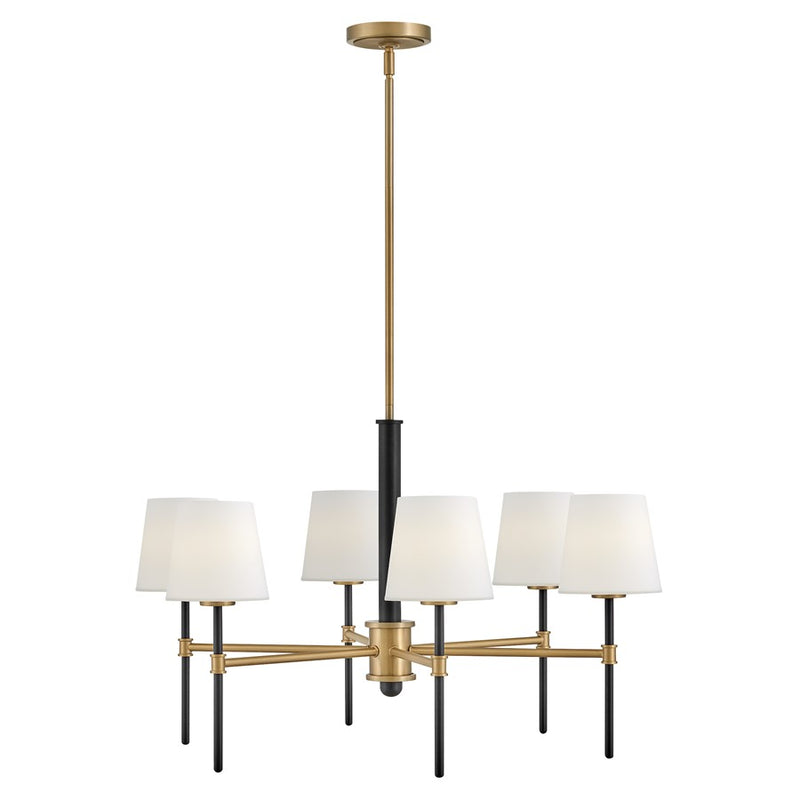 Hinkley Saunders 30in 6-Light Chandelier | Transitional Black and Lacquered Brass Steel with Etched Opal Glass | Dining Room & Living | Model 46954BK-LCB