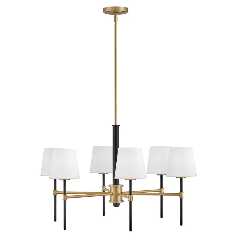 Hinkley Saunders 30in 6-Light Chandelier | Transitional Black and Lacquered Brass Steel with Etched Opal Glass | Dining Room & Living | Model 46954BK-LCB