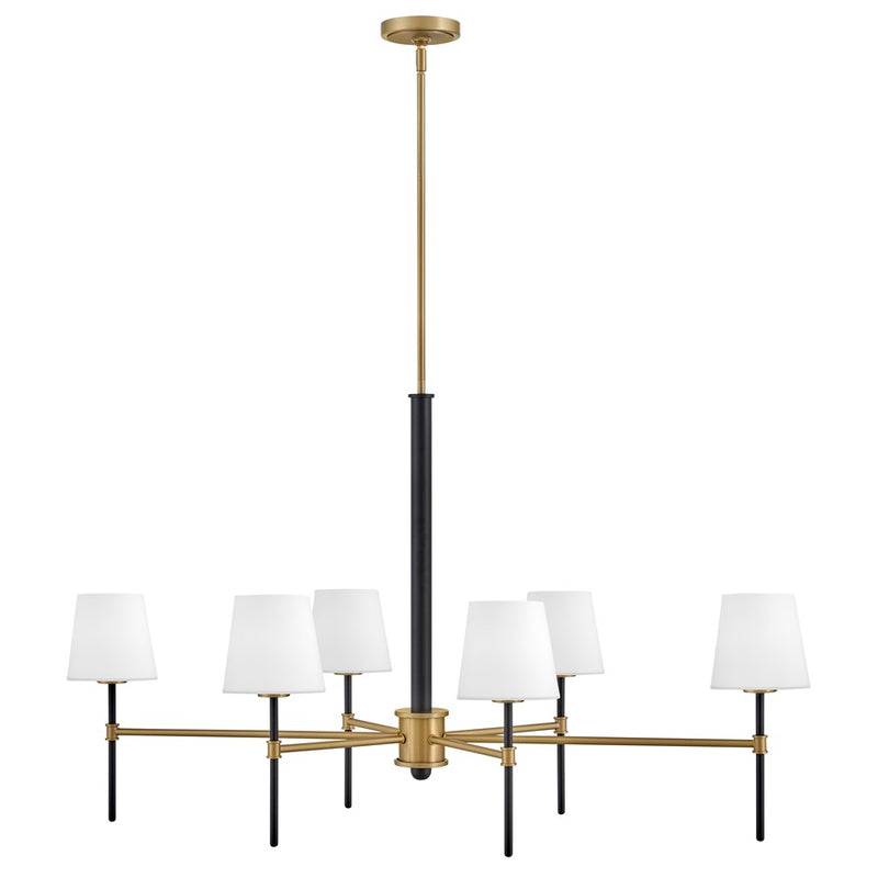 Hinkley Saunders 45in 6-Light Chandelier | Mid-Century Modern Black and Lacquered Brass Steel with Etched Opal Glass | Dining Room & | Model 46955BK-LCB