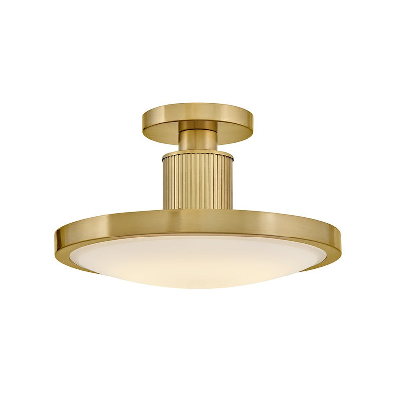 Hinkley Kieran 14in LED Semi-Flush Mount | Transitional Lacquered Brass Steel and Etched White Glass | Bedroom & Hallway | 14 x 14 x 8 in | Model 47593LCB