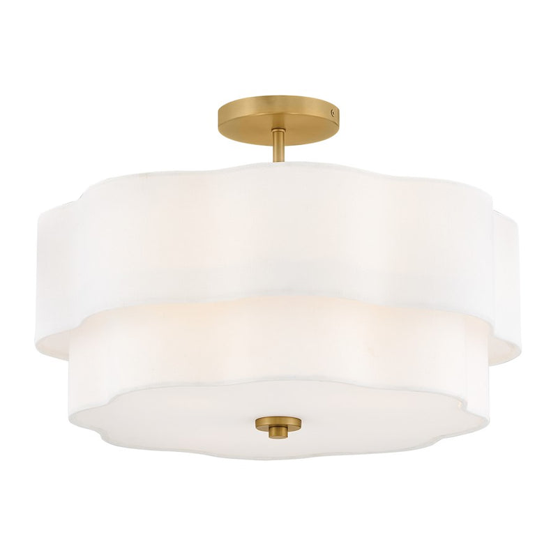 Hinkley Gwen 20in 4-Light Semi-Flush Mount | Transitional Lacquered Brass and Off-White Linen Shade | Living Room & Dining Room | 20 x 20 | Model 47733LCB