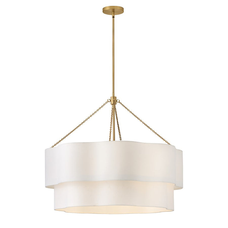 Hinkley Gwen 32in 8-Light Drum Chandelier | Transitional Lacquered Brass and Off-White Linen Shade | Dining Room & Living Room | 32 x 32 | Model 47735LCB
