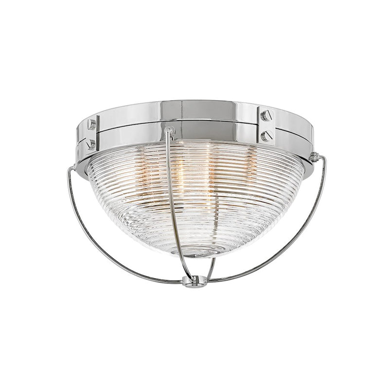 Hinkley Crew 16in 2-Light Flush Mount | Coastal Industrial Polished Nickel Steel and Clear Ribbed Glass | Indoor Entryway & Hallway | 16 x | Model 4841PN