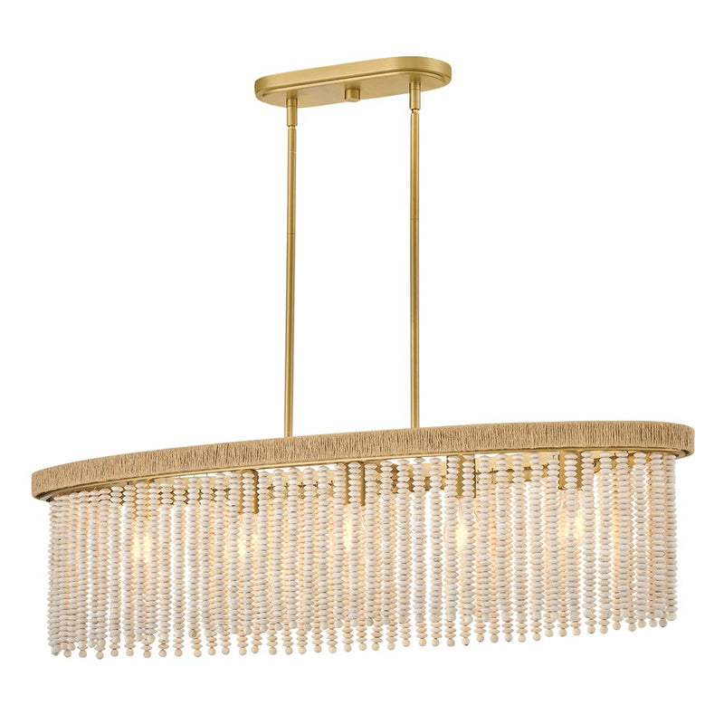 Hinkley Indra 40in 5-Light Linear Chandelier | Transitional Coastal Lacquered Brass Steel and Taupe Wooden Beads Jute Rope | Dining Room | Model 48605LCB
