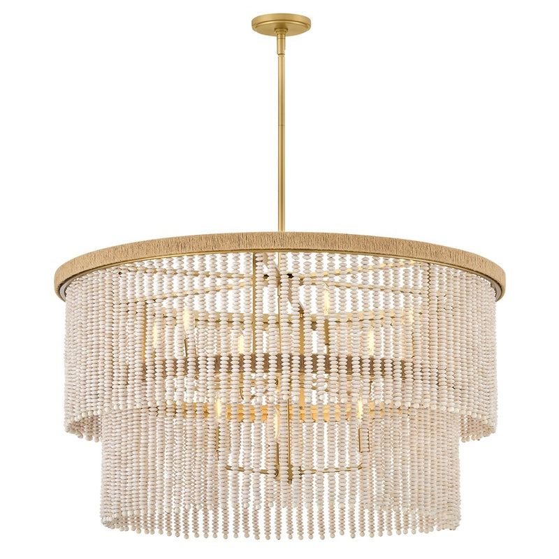 Hinkley Indra 38in 9-Light Chandelier | Transitional Coastal Lacquered Brass and Taupe Wooden Beads Jute Rope | Dining Room & Living Room | Model 48606LCB