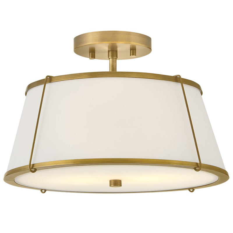 Hinkley Clarke 15in 2-Light Semi-Flush Mount | Traditional Lacquered Dark Brass Steel and Off-White Linen Shade | Bedroom & Hallway | Model 4893LDB-OW