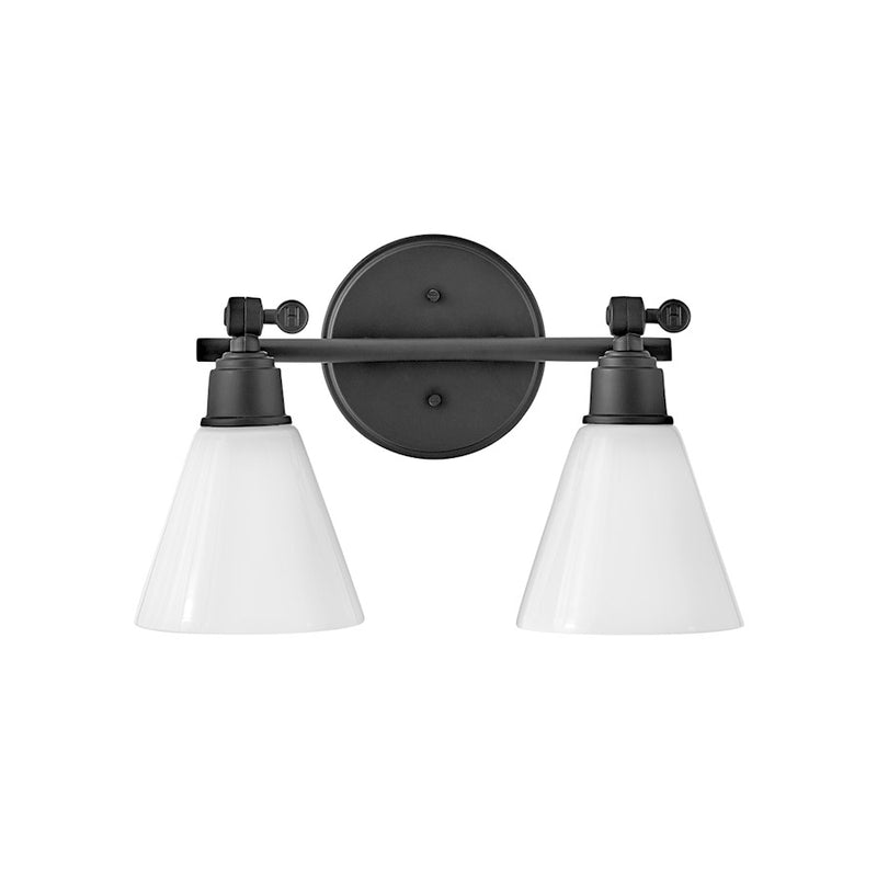 Hinkley Arti 16in 2-Light Bath Vanity | Transitional Black Steel and Cased Opal Glass | Bathroom Vanity Light | 7 x 16 x 10 in | Model 51182BK