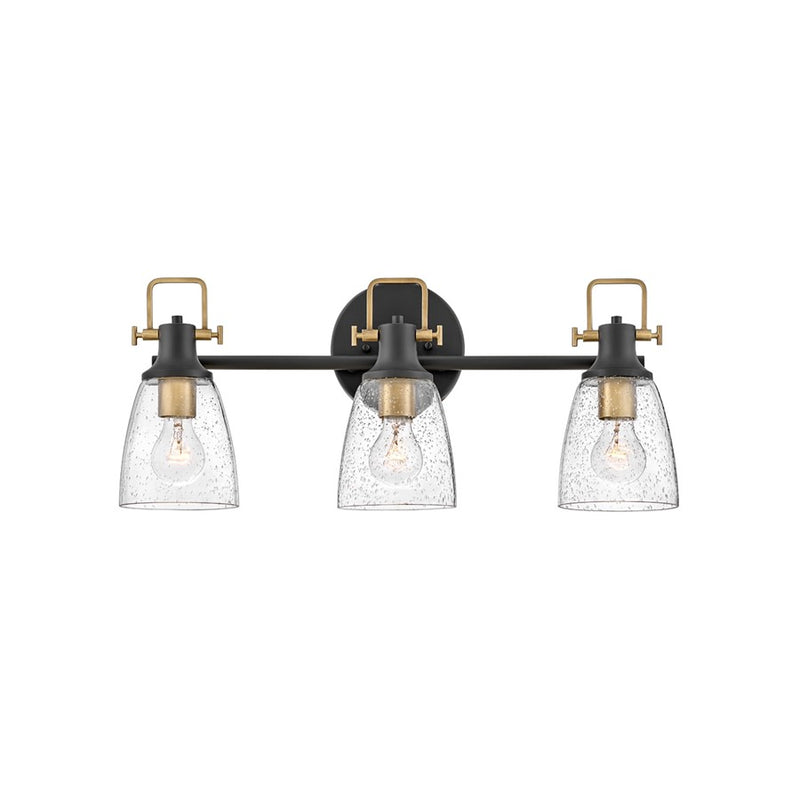 Hinkley Easton 14in 3-Light Vanity Light | Industrial Black Steel and Heritage Brass with Clear Seedy Glass | Bathroom Vanity | 6.25 x 14 | Model 51273BK